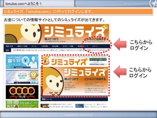 Simulize.comへようこそ！
7Copyright © AFG Inc. All rights reserved
シミュライズ 「simulize.com」 に行ってログインします。
こちらから
ログイン
こちらから
ログイン
お金についての情報サイトとしてのシミュライズが出てきます。
 