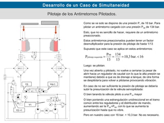 Desarrollo de un Caso de Simultaneidad
Pilotaje de los Antirretornos Pilotados.
Y1
Y2 =1
Y3 Y4=1
Como se ve solo se dispone de una presión P1 de 16 bar. Para
pilotar un antirretorno cargado con una presión P0B de 134 bar.
Esto, que no es sencillo de hacer, requiere de un antirretorno
preaccionado.
Estos antirretornos preaccionados pueden tener un factor
desmultiplicador para la presión de pilotaje de hasta 1/13
Supuesto que este caso se aplica en estos antirretornos:
16bar.3,10
13
134
13
P
P
0B
requeridapilotaje <===
Luego: se pilotan.
Una vez abierto y pilotado, no vuelve a cerrarse (a pesar de
abrir hacia un regulador de caudal con lo que la alta presión se
mantiene) debido a que es de drenaje a tanque; de otra forma
se despilotaría para volver a pilotarse provocando vibración.
En caso de no ser suficiente la presión de pilotaje se debería
subir la presurización de la válvula servopilotada:
O bien tarando la válvula piloto a una PTP mayor
O bien poniendo una estrangulación unidireccional en el tramo
común entre los reguladores y el distribuidor de mando,
aumentando así la PSA=PSB, con lo que se aumenta la
presurización hasta que no vibre.
Pero en nuestro caso con 16 bar. > 10,3 bar. No es necesario.
 