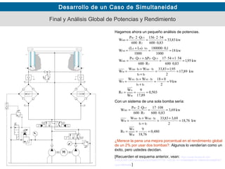 Desarrollo de un Caso de Simultaneidad
Final y Análisis Global de Potencias y Rendimiento
Hagamos ahora un pequeño análisis de potencias.
Con un sistema de una sola bomba sería:
¿Merece la pena una mejora porcentual en el rendimiento global
de un 2% por usar dos bombas?: Algunos lo venderían como un
éxito, pero ustedes decidan.
[Recuerden el esquema anterior, vean: https://www.facebook.com
/OHCA.IND.CMC/photos/a.520376467977797.143130.141154685899979/1389520924396676/?
type=3&theater]
503,0
89,17
9
W
W
R
kw9
2
018
tt
tWtW
W
kw89,17
2
95,183,33
tt
tWtW
W
kw95,1
83,0600
5415417
R600
QPQP
W
kw18
1000
1,0180000
1000
v)L(L
W
kw83,33
83,0600
542651
R600
Q2P
W
M
N
G
ES
ENESNS
N
ES
EMESMS
M
T
UTDUTM
ME
SBA
NS
T
UTM
MS
===
=
+
=
+
⋅+⋅
=
=
+
=
+
⋅+⋅
=
=
⋅
⋅+⋅
=
⋅
⋅∆+⋅
=
=
⋅
=
⋅+
=
=
⋅
⋅⋅
=
⋅
⋅⋅
=
480,0
76,18
9
W
W
R
kw76,18
2
69,383,33
tt
tWtW
W
kw69,3
83,0600
08117
R600
Q2P
W
M
N
G
ES
EMESMS
M
T
UTM
ME
===
=
+
=
+
⋅+⋅
=
=
⋅
⋅
=
⋅
⋅⋅
=
 