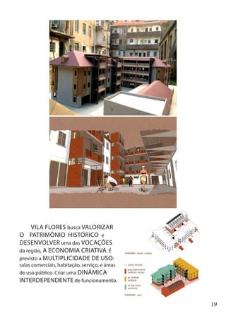 19
VILA FLORES busca VALORIZAR
O PATRIMÔNIO HISTÓRICO e
DESENVOLVER uma das VOCAÇÕES
da região, A ECONOMIA CRIATIVA. É
previsto a MULTIPLICIDADE DE USO:
salas comerciais, habitação, serviço, e áreas
de uso público. Criar uma DINÂMICA
INTERDEPENDENTE de funcionamento.
 