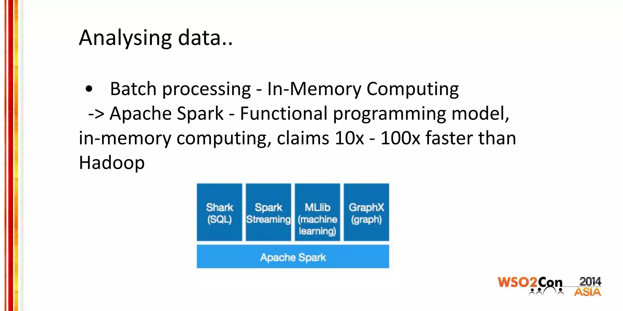 Analysing data..
• Batch processing - In-Memory Computing
-> Apache Spark - Functional programming model,
in-memory computing, claims 10x - 100x faster than
Hadoop
 
