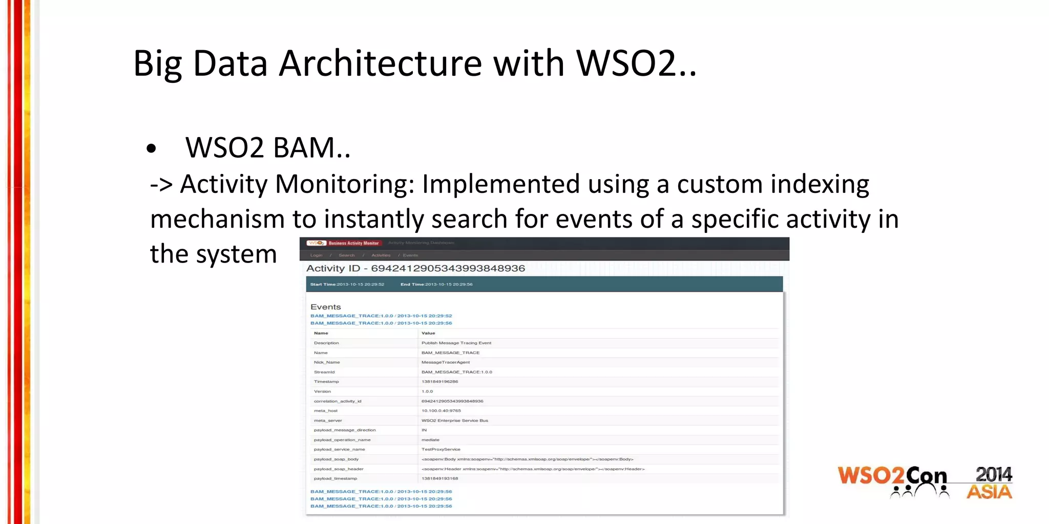 Big Data Architecture with WSO2..
• WSO2 BAM..
-> Activity Monitoring: Implemented using a custom indexing
mechanism to instantly search for events of a specific activity in
the system
 