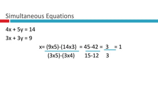 4x + 5y = 14
3x + 3y = 9
x= (9x5)-(14x3) = 45-42 = 3 = 1
(3x5)-(3x4) 15-12 3
Simultaneous Equations
 