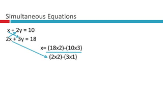 x + 2y = 10
2x + 3y = 18
x= (18x2)-(10x3)
(2x2)-(3x1)
Simultaneous Equations
 