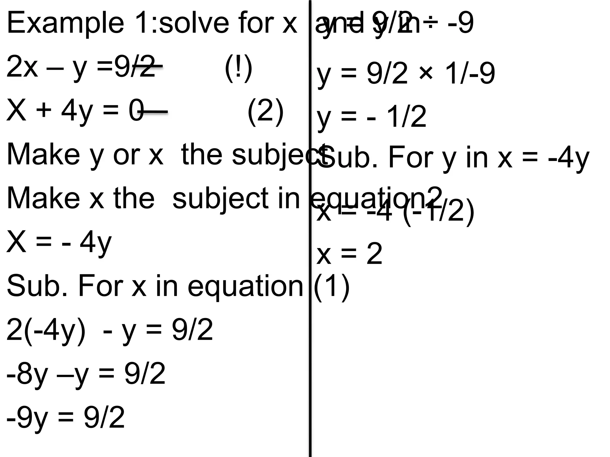 Example 1:solve for x and y in
2x – y =9/2 (!)
X + 4y = 0 (2)
Make y or x the subject
Make x the subject in equation2
X = - 4y
Sub. For x in equation (1)
2(-4y) - y = 9/2
-8y –y = 9/2
-9y = 9/2
y = 9/2 ÷ -9
y = 9/2 × 1/-9
y = - 1/2
Sub. For y in x = -4y
x = -4 (-1/2)
x = 2
 