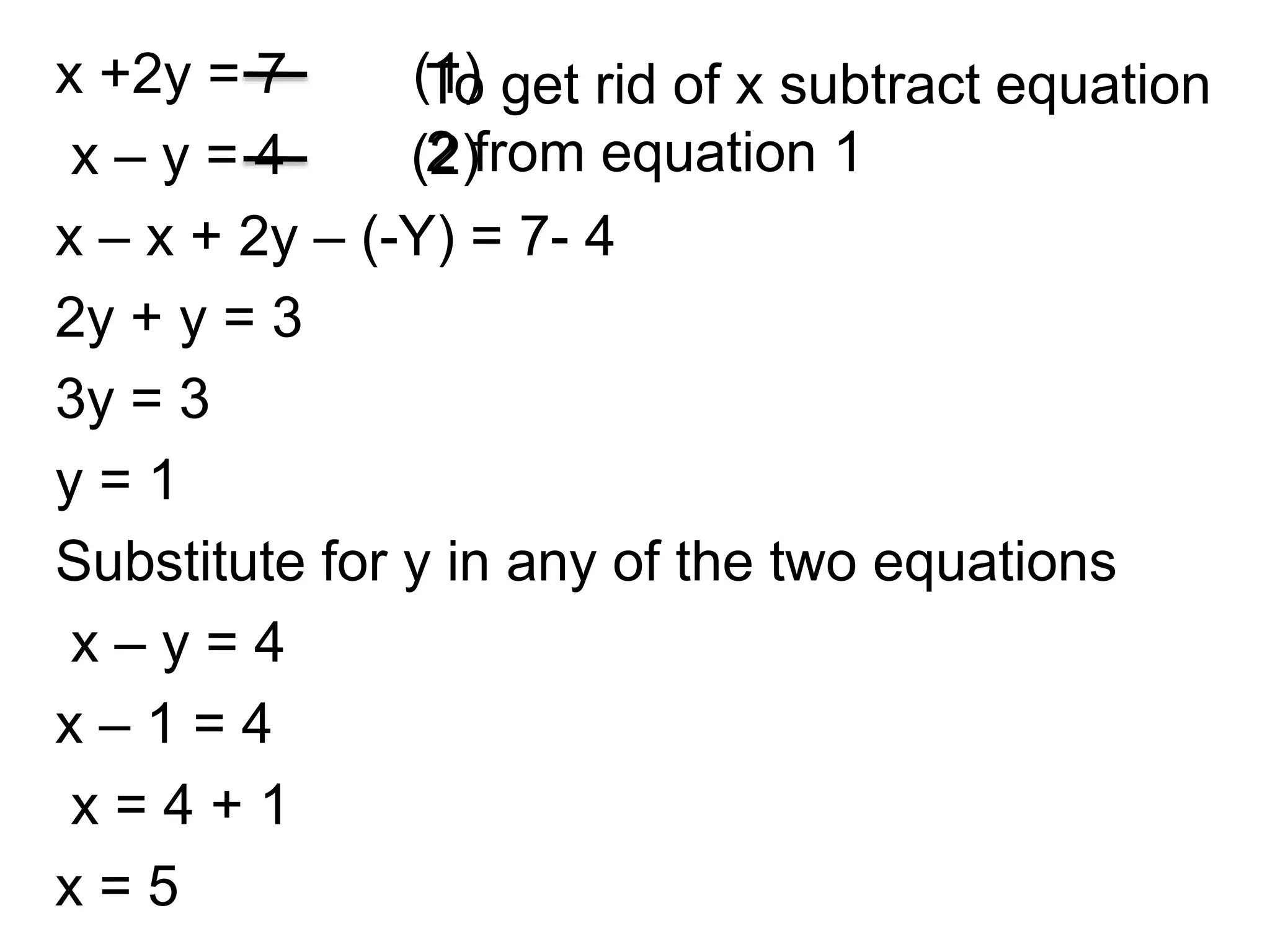 x +2y = 7 (1)
x – y = 4 (2)
x – x + 2y – (-Y) = 7- 4
2y + y = 3
3y = 3
y = 1
Substitute for y in any of the two equations
x – y = 4
x – 1 = 4
x = 4 + 1
x = 5
To get rid of x subtract equation
2 from equation 1
 
