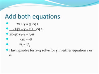 Add both equations
 2x + y = 3 eq 1
 - (4x + y = 11) eq 2
2x-4x +y-y = 3-11
 -2x = -8
 -2x
/-2= -8
/-2
Having solve for x=4 solve for y in either equation 1 or
2.
 