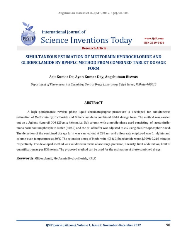 Simultaneous estimation of metformin hydrochloride and glibenclamide by ...