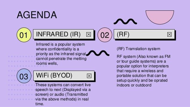 AGENDA
Infrared is a popular system
where confidentiality is a
priority as the infrared signal
cannot penetrate the metting
rooms wells,
INFRARED (IR)
01 (RF)
(RF) Tramslation system
RF system (Also known as FM
or tour guide systems) are a
popular option for interpreters
that require a wireless and
portable solution that can be
setup quickly and be oprated
indoors or outdoord
02
WiFi (BYOD)
These systems can convert live
speech to next (Displayed via a
screen) or audio (Transmitted
via the above methods) in real
time.
03
 
