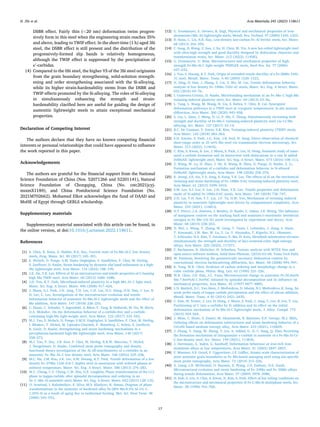 Acta Materialia 245 (2023) 118611
17
DSBR effect. Fairly thin (<20 nm) deformation twins progres­
sively form in this steel when the engineering strain reaches 35%
and above, leading to TWIP effect. In the short-time (1 h) aged 3Si
steel, the DSBR effect is still present and the distribution of the
progressively-formed slip bands is relatively homogeneous,
although the TWIP effect is suppressed by the precipitation of
κ′
-carbides.
(4) Compared to the 0Si steel, the higher YS of the 3Si steel originates
from the grain boundary strengthening, solid-solution strength­
ening and order strengthening associated with the Si-alloying,
while its higher strain-hardenability stems from the DSBR and
TWIP effects promoted by the Si-alloying. The roles of Si-alloying
in simultaneously enhancing the strength and strain-
hardenability clarified here are useful for guiding the design of
austenitic lightweight steels to attain exceptional mechanical
properties.
Declaration of Competing Interest
The authors declare that they have no known competing financial
interests or personal relationships that could have appeared to influence
the work reported in this paper.
Acknowledgements
The authors are grateful for the financial support from the National
Science Foundation of China (Nos. 52071266 and 52201141), Natural
Science Foundation of Chongqing, China (No. cstc2021jcyj-
msxmX1189), and China Postdoctoral Science Foundation (No.
2021M702662). Mohamed Elkot acknowledges the fund of DAAD and
MoHE of Egypt through GERLS scholarship.
Supplementary materials
Supplementary material associated with this article can be found, in
the online version, at doi:10.1016/j.actamat.2022.118611.
References
[1] S. Chen, R. Rana, A. Haldar, R.K. Ray, Current state of Fe-Mn-Al-C low density
steels, Prog. Mater. Sci. 89 (2017) 345–391.
[2] E. Welsch, D. Ponge, S.M. Hafez Haghighat, S. Sandlöbes, P. Choi, M. Herbig,
S. Zaefferer, D. Raabe, Strain hardening by dynamic slip band refinement in a high-
Mn lightweight steel, Acta Mater. 116 (2016) 188–199.
[3] J.E. Jin, Y.K. Lee, Effects of Al on microstructure and tensile properties of C-bearing
high Mn TWIP steel, Acta Mater. 60 (2012) 1680–1688.
[4] J.D. Yoo, K.T. Park, Microband-induced plasticity in a high Mn–Al–C light steel,
Mater. Sci. Eng. A Struct. Mater. 496 (2008) 417–424.
[5] J. Moon, S.J. Park, J.H. Jang, T.H. Lee, C.H. Lee, H.U. Hong, H.N. Han, J. Lee, B.
H. Lee, C. Lee, Investigations of the microstructure evolution and tensile
deformation behavior of austenitic Fe-Mn-Al-C lightweight steels and the effect of
Mo addition, Acta Mater. 147 (2018) 226–235.
[6] C. Haase, C. Zehnder, T. Ingendahl, A. Bikar, F. Tang, B. Hallstedt, W. Hu, W. Bleck,
D.A. Molodov, On the deformation behavior of κ-carbide-free and κ-carbide-
containing high-Mn light-weight steel, Acta Mater. 122 (2017) 332–343.
[7] M.J. Yao, E. Welsch, D. Ponge, S.M.H. Haghighat, S. Sandlöbes, P. Choi, M. Herbig,
I. Bleskov, T. Hickel, M. Lipinska-Chwalek, P. Shanthraj, C. Scheu, S. Zaefferer,
B. Gault, D. Raabe, Strengthening and strain hardening mechanisms in a
precipitation-hardened high-Mn lightweight steel, Acta Mater. 140 (2017)
258–273.
[8] M.J. Yao, P. Dey, J.B. Seol, P. Choi, M. Herbig, R.K.W. Marceau, T. Hickel,
J. Neugebauer, D. Raabe, Combined atom probe tomography and density
functional theory investigation of the Al off-stoichiometry of κ-carbides in an
austenitic Fe–Mn–Al–C low density steel, Acta Mater. 106 (2016) 229–238.
[9] M.C. Ha, J.M. Koo, J.K. Lee, S.W. Hwang, K.T. Park, Tensile deformation of a low
density Fe–27Mn–12Al–0.8 C duplex steel in association with ordered phases at
ambient temperature, Mater. Sci. Eng. A Struct. Mater. 586 (2013) 276–283.
[10] W.C. Cheng, C.Y. Cheng, C.W. Hsu, D.E. Laughlin, Phase transformation of the L12
phase to kappa-carbide after spinodal decomposition and ordering in an
Fe–C–Mn–Al austenitic steel, Mater. Sci. Eng. A Struct. Mater. 642 (2015) 128–135.
[11] O. Acselrad, I. Kalashnikov, E. Silva, M.S. Khadyev, R. Simao, Diagram of phase
transformations in the austenite of hardened alloy Fe-28% Mn-8.5% Al-1% C-
1.25% Si as a result of aging due to isothermal heating, Met. Sci. Heat Treat. 48
(2006) 543–553.
[12] G. Frommeyer, E. Drewes, B. Engl, Physical and mechanical properties of iron-
aluminium-(Mn, Si) lightweight steels, Metall. Res. Technol. 97 (2000) 1245–1253.
[13] R. Rana, C. Liu, R.K. Ray, Low-density low-carbon Fe–Al ferritic steels, Scr. Mater.
68 (2013) 354–359.
[14] C. Song, H. Wang, Z. Sun, J. Xu, H. Chen, W. Yin, A new hot-rolled lightweight steel
with ultra-high strength and good ductility designed by dislocation character and
transformation strain, Scr. Mater. 212 (2022), 114583.
[15] G. Frommeyer, U. Brüx, Microstructures and mechanical properties of high-
strength Fe-Mn-Al-C light-weight TRIPLEX steels, Steel Res. Int. 77 (2006)
627–633.
[16] J. Yoo, S. Hwang, K.T. Park, Origin of extended tensile ductility of a Fe-28Mn-10Al-
1C steel, Metall. Mater. Trans. A 40 (2009) 1520–1523.
[17] H. Ding, D. Han, J. Zhang, Z. Cai, Z. Wu, M. Cai, Tensile deformation behavior
analysis of low density Fe–18Mn–10Al–xC steels, Mater. Sci. Eng. A Struct. Mater.
652 (2016) 69–76.
[18] I. Gutierrez-Urrutia, D. Raabe, Microbanding mechanism in an Fe–Mn–C high-Mn
twinning-induced plasticity steel, Scr. Mater. 69 (2013) 53–56.
[19] L. Tang, L. Wang, M. Wang, H. Liu, S. Kabra, Y. Chiu, B. Cai, Synergistic
deformation pathways in a TWIP steel at cryogenic temperatures: in situ neutron
diffraction, Acta Mater. 200 (2020) 943–958.
[20] S. Liu, L. Qian, J. Meng, D. Li, P. Ma, F. Zhang, Simultaneously increasing both
strength and ductility of Fe-Mn-C twinning-induced plasticity steel via Cr/Mo
alloying, Scr. Mater. 127 (2017) 10–14.
[21] B.C. De Cooman, Y. Estrin, S.K. Kim, Twinning-induced plasticity (TWIP) steels,
Acta Mater. 142 (2018) 283–362.
[22] S.H. Kayani, S. Park, J.G. Kim, J.B. Seol, H. Sung, Direct observation of chemical
short-range order in 25 wt% Mn steel via transmission electron microscopy, Scr.
Mater. 213 (2022), 114642.
[23] C. Kim, S. Kwon, B. Lee, J. Moon, S. Park, J. Lee, H. Hong, Atomistic study of nano-
sized κ-carbide formation and its interaction with dislocations in a cast Si added
FeMnAlC lightweight steel, Mater. Sci. Eng. A Struct. Mater. 673 (2016) 108–113.
[24] Z. Wang, W. Lu, H. Zhao, J. He, K. Wang, B. Zhou, D. Ponge, D. Raabe, Z. Li,
Formation mechanism of κ-carbides and deformation behavior in Si-alloyed
FeMnAlC lightweight steels, Acta Mater. 198 (2020) 258–270.
[25] K. Jeong, J.E. Jin, Y.S. Jung, S. Kang, Y.K. Lee, The effects of Si on the mechanical
twinning and strain hardening of Fe–18Mn–0.6C twinning-induced plasticity steel,
Acta Mater. 61 (2013) 3399–3410.
[26] S.M. Lee, S.J. Lee, S. Lee, J.H. Nam, Y.K. Lee, Tensile properties and deformation
mode of Si-added Fe-18Mn-0.6C steels, Acta Mater. 144 (2018) 738–747.
[27] Z.H. Lai, Y.H. Sun, Y.T. Lin, J.F. Tu, H.W. Yen, Mechanism of twinning induced
plasticity in austenitic lightweight steel driven by compositional complexity, Acta
Mater. 210 (2021), 116814.
[28] D.T. Pierce, J.A. Jiménez, J. Bentley, D. Raabe, C. Oskay, J.E. Wittig, The influence
of manganese content on the stacking fault and austenite/ε-martensite interfacial
energies in Fe–Mn–(Al–Si) steels investigated by experiment and theory, Acta
Mater. 68 (2014) 238–253.
[29] D. Wei, L. Wang, Y. Zhang, W. Gong, T. Tsuru, I. Lobzenko, J. Jiang, S. Harjo,
T. Kawasaki, J.W. Bae, W. Lu, Z. Lu, Y. Hayasaka, T. Kiguchi, N.L. Okamoto,
T. Ichitsubo, H.S. Kim, T. Furuhara, E. Ma, H. Kato, Metalloid substitution elevates
simultaneously the strength and ductility of face-centered-cubic high-entropy
alloys, Acta Mater. 225 (2022), 117571.
[30] F. Bachmann, R. Hielscher, H. Schaeben, Texture analysis with MTEX–free and
open source software toolbox, Solid State Phenom. (2010) 63–68. Trans Tech Publ.
[31] W. Pantleon, Resolving the geometrically necessary dislocation content by
conventional electron backscattering diffraction, Scr. Mater. 58 (2008) 994–997.
[32] K. Yang, W.K. Choo, Evidence of carbon ordering and morphology change in a
cubic carbide phase, Philos. Mag. Lett. 62 (1990) 221–226.
[33] W.K. Choo, J.H. Kim, J.C. Yoon, Microstructural change in austenitic Fe-30.0wt%
Mn-7.8wt%Al-1.3wt%C initiated by spinodal decomposition and its influence on
mechanical properties, Acta Mater. 45 (1997) 4877–4885.
[34] L.N. Bartlett, D.C. Van Aken, J. Medvedeva, D. Isheim, N.I. Medvedeva, K. Song, An
atom probe study of kappa carbide precipitation and the effect of silicon addition,
Metall. Mater. Trans. A 45 (2014) 2421–2435.
[35] C. Kim, M. Terner, J. Lee, H. Hong, J. Moon, S. Park, J. Jang, C. Lee, B. Lee, Y. Lee,
Partitioning of C into κ-carbides by Si addition and its effect on the initial
deformation mechanism of Fe-Mn-Al-C lightweight steels, J. Alloy. Compd. 775
(2019) 554–564.
[36] J. Miao, C. Slone, S. Dasari, M. Ghazisaeidi, R. Banerjee, E.P. George, M.J. Mills,
Ordering effects on deformation substructures and strain hardening behavior of a
CrCoNi based medium entropy alloy, Acta Mater. 210 (2021), 116829.
[37] J. Zhang, Y. Jiang, W. Zheng, Y. Liu, A. Addad, G. Ji, C. Song, Q. Zhai, Revisiting
the formation mechanism of intragranular κ-carbide in austenite of a Fe-Mn-Al-Cr-
C low-density steel, Scr. Mater. 199 (2021), 113836.
[38] J. Herrmann, G. Inden, G. Sauthoff, Deformation behaviour of iron-rich iron-
aluminum alloys at low temperatures, Acta Mater. 51 (2003) 2847–2857.
[39] F. Moszner, S.S. Gerstl, P. Uggowitzer, J.F. Löffler, Atomic-scale characterization of
prior austenite grain boundaries in Fe–Mn-based maraging steel using site-specific
atom probe tomography, Acta Mater. 73 (2014) 215–226.
[40] X. Liang, J.R. McDermid, O. Bouaziz, X. Wang, J.D. Embury, H.S. Zurob,
Microstructural evolution and strain hardening of Fe–24Mn and Fe–30Mn alloys
during tensile deformation, Acta Mater. 57 (2009) 3978–3988.
[41] H. Koh, S. Lee, S. Choi, S. Kwon, N. Kim, S. Park, Effect of hot rolling conditions on
the microstructure and mechanical properties of Fe-C-Mn-Si multiphase steels, Scr.
Mater. 38 (1998) 763–768.
H. Zhi et al.
 