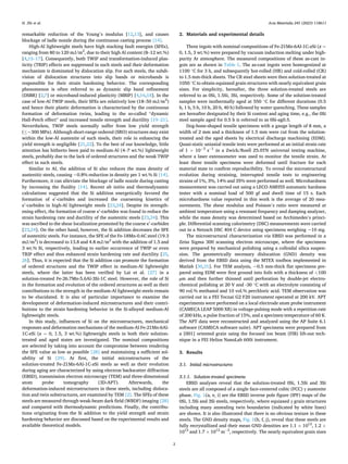 Acta Materialia 245 (2023) 118611
2
remarkable reduction of the Young’s modulus [12,13], and causes
blockage of ladle nozzle during the continuous casting process [14].
High-Al lightweight steels have high stacking fault energies (SFEs),
ranging from 80 to 120 mJ/m2
, due to their high Al content (8–12 wt.%)
[4,15–17]. Consequently, both TWIP and transformation-induced plas­
ticity (TRIP) effects are suppressed in such steels and their deformation
mechanism is dominated by dislocation slip. For such steels, the subdi­
vision of dislocation structures into slip bands or microbands is
responsible for their strain hardening behavior. The corresponding
phenomenon is often referred to as dynamic slip band refinement
(DSBR) [2,7] or microband-induced plasticity (MBIP) [4,16,18]. In the
case of low-Al TWIP steels, their SFEs are relatively low (18–50 mJ/m2
)
and hence their plastic deformation is characterized by the continuous
formation of deformation twins, leading to the so-called “dynamic
Hall-Petch effect” and increased tensile strength and ductility [19–21].
Nevertheless, TWIP steels normally suffer from low yield strength
(≤~300 MPa). Although short-range ordered (SRO) structures may exist
within the low-Al austenite of such steels, their role in enhancing the
yield strength is negligible [21,22]. To the best of our knowledge, little
attention has hitherto been paid to medium-Al (4–7 wt.%) lightweight
steels, probably due to the lack of ordered structures and the weak TWIP
effect in such steels.
Similar to Al, the addition of Si also reduces the mass density of
austenitic steels, causing ~0.8% reduction in density per 1 wt.% Si [14].
Furthermore, it can alleviate the blockage of ladle nozzle during casting
by increasing the fluidity [14]. Recent ab initio and thermodynamic
calculations suggested that the Si addition energetically favored the
formation of κ′
-carbides and increased the coarsening kinetics of
κ′
-carbides in high-Al lightweight steels [23,24]. Despite its strength­
ening effect, the formation of coarse κ′
-carbides was found to reduce the
strain hardening rate and ductility of the austenitic steels [23,24]. This
was ascribed to the shear localization promoted by the coarse κ′
-carbides
[23,24]. On the other hand, however, the Si addition decreases the SFE
of austenitic steels. For instance, the SFE of the Fe-18Mn-0.6C steel (19.3
mJ/m2
) is decreased to 13.8 and 4.8 mJ/m2
with the addition of 1.5 and
3 wt.% Si, respectively, leading to earlier occurrence of TWIP or even
TRIP effect and thus enhanced strain hardening rate and ductility [25,
26]. Thus, it is expected that the Si addition can promote the formation
of ordered structures and the TWIP effect in medium-Al lightweight
steels, where the latter has been verified by Lai et al. [27] in a
solution-treated Fe-26.7Mn-5.6Al-3Si-1C steel. However, the role of Si
in the formation and evolution of the ordered structures as well as their
contributions to the strength in the medium-Al lightweight steels remain
to be elucidated. It is also of particular importance to examine the
development of deformation-induced microstructures and their contri­
butions to the strain hardening behavior in the Si-alloyed medium-Al
lightweight steels.
In this study, influences of Si on the microstructures, mechanical
responses and deformation mechanisms of the medium-Al Fe-21Mn-6Al-
1C-xSi (x = 0, 1.5, 3 wt.%) lightweight steels in both their solution-
treated and aged states are investigated. The nominal compositions
are selected by taking into account the compromise between rendering
the SFE value as low as possible [28] and maintaining a sufficient sol­
ubility of Si [29]. At first, the initial microstructures of the
solution-treated Fe-21Mn-6Al-1C-xSi steels as well as their evolution
during aging are characterized by using electron backscatter diffraction
(EBSD), transmission electron microscopy (TEM) and three-dimensional
atom probe tomography (3D-APT). Afterwards, the
deformation-induced microstructures in these steels, including disloca­
tion and twin substructures, are examined by TEM [2]. The SFEs of these
steels are measured through weak-beam dark field (WBDF) imaging [28]
and compared with thermodynamic predictions. Finally, the contribu­
tions originating from the Si addition to the yield strength and strain
hardening behavior are discussed based on the experimental results and
available theoretical models.
2. Materials and experimental details
Three ingots with nominal compositions of Fe-21Mn-6Al-1C-xSi (x =
0, 1.5, 3 wt.%) were prepared by vacuum induction melting under high-
purity Ar atmosphere. The measured compositions of these as-cast in­
gots are as shown in Table 1. The as-cast ingots were homogenized at
1100 ◦
C for 3 h, and subsequently hot-rolled (HR) and cold-rolled (CR)
to 1.5 mm-thick sheets. The CR steel sheets were then solution-treated at
1050 ◦
C to obtain equiaxed grain structures with nearly equivalent grain
sizes. For simplicity, hereafter, the three solution-treated steels are
referred to as 0Si, 1.5Si, 3Si, respectively. Some of the solution-treated
samples were isothermally aged at 550 ◦
C for different durations (0.5
h, 1 h, 5 h, 10 h, 20 h, 40 h) followed by water quenching. These samples
are hereafter designated by their Si content and aging time, e.g., the 0Si
steel sample aged for 0.5 h is referred to as 0Si-ag0.5.
Dog-bone-shaped tensile specimens with a gauge length of 8 mm, a
width of 2 mm and a thickness of 1.5 mm were cut from the solution-
treated and the aged sheets by electrical discharge machining (EDM).
Quasi-static uniaxial tensile tests were performed at an initial strain rate
of 1 × 10− 3
s− 1
in a Zwick/Roell Z5.0TN universal testing machine,
where a laser extensometer was used to monitor the tensile strain. At
least three tensile specimens were deformed until fracture for each
material state to confirm reproducibility. To reveal the microstructural
evolution during straining, interrupted tensile tests to engineering
strains of 1%, 3%, 14% and 35% were performed as well. Microhardness
measurement was carried out using a LECO AMH55 automatic hardness
tester with a nominal load of 500 gf and dwell time of 15 s. Each
microhardness value reported in this work is the average of 20 mea­
surements. The shear modulus and Poisson’s ratio were measured at
ambient temperature using a resonant frequency and damping analyzer,
while the mass density was determined based on Archimedes’s princi­
ple. Differential scanning calorimetry (DSC) measurements were carried
out in a Netzsch DSC 404 C device using specimens weighing ~10 mg.
The microstructural characterization via EBSD was performed in a
Zeiss Sigma 300 scanning electron microscope, where the specimens
were prepared by mechanical polishing using a colloidal silica suspen­
sion. The geometrically necessary dislocation (GND) density was
derived from the EBSD data using the MTEX toolbox implemented in
Matlab [30,31]. For TEM analysis, ~0.5 mm-thick flat specimens pre­
pared using EDM were first ground into foils with a thickness of <100
µm and then further thinned until perforation by double-jet electro­
chemical polishing at 20 V and -30 ◦
C with an electrolyte consisting of
90 vol.% methanol and 10 vol.% perchloric acid. TEM observation was
carried out in a FEI Tecnai G2 F20 instrument operated at 200 kV. APT
experiments were performed on a local electrode atom probe instrument
(CAMECA LEAP 5000 XR) in voltage-pulsing mode with a repetition rate
of 200 kHz, a pulse fraction of 15%, and a specimen temperature of 60 K.
The APT data were reconstructed and analyzed using the AP Suite 6.1
software (CAMECA software suite). APT specimens were prepared from
a [001] oriented grain using the focused ion beam (FIB) lift-out tech­
nique in a FEI Helios NanoLab 600i instrument.
3. Results
3.1. Initial microstructures
3.1.1. Solution-treated specimens
EBSD analyses reveal that the solution-treated 0Si, 1.5Si and 3Si
steels are all composed of a single face-centered cubic (FCC) γ austenite
phase. Fig. 1(a, e, i) are the EBSD inverse pole figure (IPF) maps of the
0Si, 1.5Si and 3Si steels, respectively, where equiaxed γ grain structures
including many annealing twin boundaries (indicated by white lines)
are shown. It is also illustrated that there is no obvious texture in these
steels. The GND density maps, Fig. 1(b, f, j), reveal that these steels are
fully recrystallized and their mean GND densities are 1.1 × 1012
, 1.2 ×
1012
and 1.7 × 1012
m− 2
, respectively. The nearly equivalent grain sizes
H. Zhi et al.
 