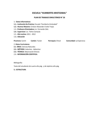 ESCUELA “HUMBERTO ARISTIZABAL”
                            PLAN DE TRABAJO SIMULTÁNEO N° 26

1.- Datos Informativos:
1.1.- Institución De Práctica: Escuela “Humberto Aristizabal”
1.2.- Alumno Maestro: Cristian Alexander Criollo Trejos
1.3.- Profesora Orientadora: Lic. Fernando Cáliz
1.4.- Supervisor: Lic. Telmo Camacás
1.5.- Año Lectivo: 2011 - 2012
1.6.- Ubicación

Provincia: Carchi      Cantón: Tulcán          Parroquia: Chical   Comunidad: La Esperanza
2.-Datos Curriculares:
2.1- ÁREA: Ciencias Naturales
2.2.- MÉTODO: Inductivo - deductivo
2.3.- TÉCNICA: Observación Directa
2.4.- INFORMACIÓN CIENTIFICA:



Bibliografía:
Texto del estudiante de cuarto año pág. y de séptimo año pág.
5.- ESTRUCTURA
 