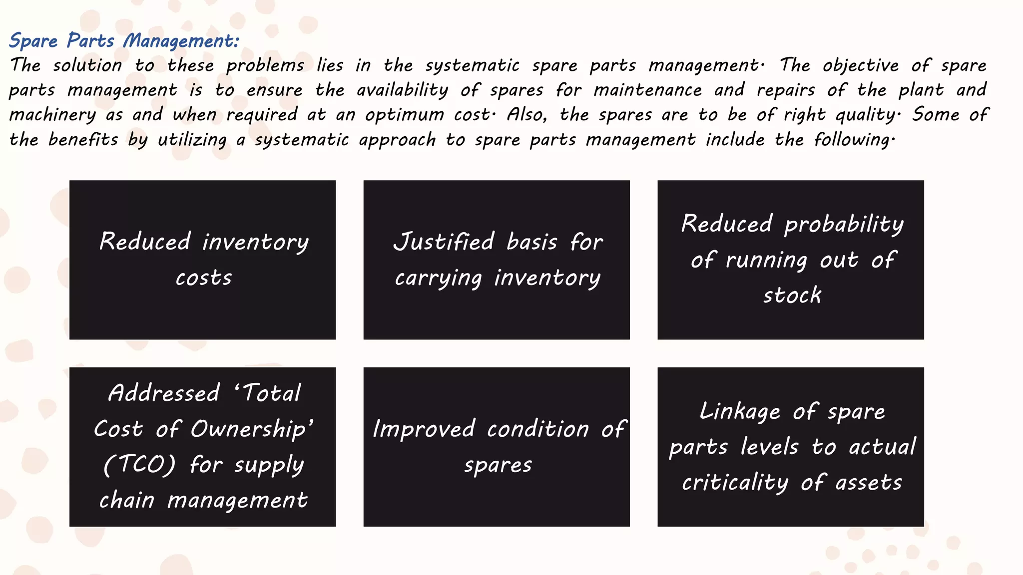 Inventory Management (Intro, types, spares mgmt) & Role of stores ...