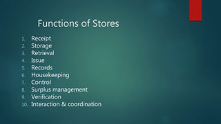 Functions of Stores
1. Receipt
2. Storage
3. Retrieval
4. Issue
5. Records
6. Housekeeping
7. Control
8. Surplus management
9. Verification
10. Interaction & coordination
 
