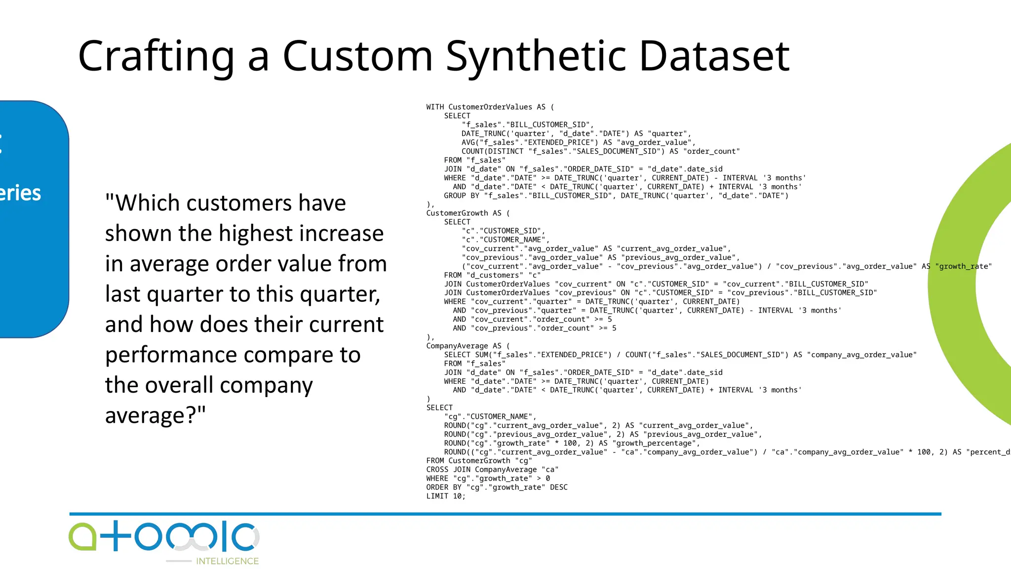Crafting a Custom Synthetic Dataset
t
eries
WITH CustomerOrderValues AS (
SELECT
"f_sales"."BILL_CUSTOMER_SID",
DATE_TRUNC('quarter', "d_date"."DATE") AS "quarter",
AVG("f_sales"."EXTENDED_PRICE") AS "avg_order_value",
COUNT(DISTINCT "f_sales"."SALES_DOCUMENT_SID") AS "order_count"
FROM "f_sales"
JOIN "d_date" ON "f_sales"."ORDER_DATE_SID" = "d_date".date_sid
WHERE "d_date"."DATE" >= DATE_TRUNC('quarter', CURRENT_DATE) - INTERVAL '3 months'
AND "d_date"."DATE" < DATE_TRUNC('quarter', CURRENT_DATE) + INTERVAL '3 months'
GROUP BY "f_sales"."BILL_CUSTOMER_SID", DATE_TRUNC('quarter', "d_date"."DATE")
),
CustomerGrowth AS (
SELECT
"c"."CUSTOMER_SID",
"c"."CUSTOMER_NAME",
"cov_current"."avg_order_value" AS "current_avg_order_value",
"cov_previous"."avg_order_value" AS "previous_avg_order_value",
("cov_current"."avg_order_value" - "cov_previous"."avg_order_value") / "cov_previous"."avg_order_value" AS "growth_rate"
FROM "d_customers" "c"
JOIN CustomerOrderValues "cov_current" ON "c"."CUSTOMER_SID" = "cov_current"."BILL_CUSTOMER_SID"
JOIN CustomerOrderValues "cov_previous" ON "c"."CUSTOMER_SID" = "cov_previous"."BILL_CUSTOMER_SID"
WHERE "cov_current"."quarter" = DATE_TRUNC('quarter', CURRENT_DATE)
AND "cov_previous"."quarter" = DATE_TRUNC('quarter', CURRENT_DATE) - INTERVAL '3 months'
AND "cov_current"."order_count" >= 5
AND "cov_previous"."order_count" >= 5
),
CompanyAverage AS (
SELECT SUM("f_sales"."EXTENDED_PRICE") / COUNT("f_sales"."SALES_DOCUMENT_SID") AS "company_avg_order_value"
FROM "f_sales"
JOIN "d_date" ON "f_sales"."ORDER_DATE_SID" = "d_date".date_sid
WHERE "d_date"."DATE" >= DATE_TRUNC('quarter', CURRENT_DATE)
AND "d_date"."DATE" < DATE_TRUNC('quarter', CURRENT_DATE) + INTERVAL '3 months'
)
SELECT
"cg"."CUSTOMER_NAME",
ROUND("cg"."current_avg_order_value", 2) AS "current_avg_order_value",
ROUND("cg"."previous_avg_order_value", 2) AS "previous_avg_order_value",
ROUND("cg"."growth_rate" * 100, 2) AS "growth_percentage",
ROUND(("cg"."current_avg_order_value" - "ca"."company_avg_order_value") / "ca"."company_avg_order_value" * 100, 2) AS "percent_di
FROM CustomerGrowth "cg"
CROSS JOIN CompanyAverage "ca"
WHERE "cg"."growth_rate" > 0
ORDER BY "cg"."growth_rate" DESC
LIMIT 10;
"Which customers have
shown the highest increase
in average order value from
last quarter to this quarter,
and how does their current
performance compare to
the overall company
average?"
 