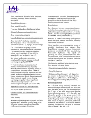 Simvastatin 20mg, 40mg Tablets TajPharma : Uses, Side Effects, Interactions, Pictures, Warning s, Simvastatin Dosage & Rx In fo | Simvastatin Uses, Side Effects - Antihy perlipidemic, Simvastatin : Indications, Side Effects, Warnings, Simvastatin - Drug Information - TajPharma, Simvastatin dose Taj pharmaceuticals Simvastatin interactions, Taj Pharmaceutical Simvastatin contraindications, Simvastatin price, Simvastatin TajPharma Antihyperlipidemic Tablets SmPC - TajPharma Stay connected to all updated on Simvastatin Taj Pharmaceuticals Taj pharmaceuticals Mumbai. Patient Information L eaflets, SmPC.
Rare: constipation, abdominal pain, flatulence,
dyspepsia, diarrhoea, nausea, vomiting,
pancreatitis
Hepatobiliary disorders:
Rare: hepatitis/jaundice
Very rare: fatal and non-fatal hepatic failure
Skin and subcutaneous tissue disorders:
Rare: rash, pruritus, alopecia
Musculoskeletal and connective tissue disorders:
Rare: myopathy* (including myositis),
rhabdomyolysis with or without acute renal
failure (see section 4.4), myalgia, muscle cramps
* In a clinical trial, myopathy occurred
commonly in patients treated with Simvastatin
TajPharma 80 mg/day compared to patients
treated with 20 mg/day (1.0 % vs 0.02 %,
respectively) (see sections 4.4 and 4.5).
Not known: tendinopathy, sometimes
complicated by rupture; immune-mediated
necrotizing myopathy (IMNM)**
** There have been very rare reports of
immune-mediated necrotizing myopathy
(IMNM), an autoimmune myopathy, during or
after treatment with some statins. IMNM is
clinically characterized by: persistent proximal
muscle weakness and elevated serum creatine
kinase, which persist despite discontinuation of
statin treatment; muscle biopsy showing
necrotizing myopathy without significant
inflammation; improvement with
immunosuppressive agents (see section 4.4).
Reproductive system and breast disorders:
Not known: erectile dysfunction
General disorders and administration site
conditions:
Rare: asthenia
An apparent hypersensitivity syndrome has been
reported rarely which has included some of the
following features: angioedema, lupus-like
syndrome, polymyalgia rheumatica,
dermatomyositis, vasculitis, thrombocytopenia,
eosinophilia, ESR increased, arthritis and
arthralgia, urticaria, photosensitivity, fever,
flushing, dyspnoea and malaise.
Investigations:
Rare: increases in serum transaminases (alanine
aminotransferase, aspartate aminotransferase, γ-
glutamyltranspeptidase) (see section 4.4 Hepatic
effects), elevated alkaline phosphatase; increase
in serum CK levels (see section 4.4).
Increases in HbA1c and fasting serum glucose
levels have been reported with statins, including
Simvastatin TajPharma.
There have been rare post-marketing reports of
cognitive impairment (e.g. memory loss,
forgetfulness, amnesia, memory impairment,
confusion) associated with statin use, including
Simvastatin TajPharma. The reports are
generally non serious, and reversible upon statin
discontinuation, with variable times to symptom
onset (1 day to years) and symptom resolution
(median of 3 weeks).
The following additional adverse events have
been reported with some statins:
• Sleep disturbances, including nightmares
• Sexual dysfunction.
• Diabetes mellitus: Frequency will depend on
the presence or absence of risk factors (fasting
blood glucose ≥ 5.6 mmol/L, BMI>30kg/m2,
raised triglycerides, history of hypertension).
Paediatric population
In a 48-week study involving children and
adolescents (boys Tanner Stage II and above and
girls who were at least one year post-menarche)
10-17 years of age with heterozygous familial
hypercholesterolaemia (n = 175), the safety and
tolerability profile of the group treated with
Simvastatin TajPharma was generally similar to
that of the group treated with placebo. The long-
term effects on physical, intellectual, and sexual
maturation are unknown. No sufficient data are
currently available after one year of treatment.
(See sections 4.2, 4.4, and 5.1.)
 