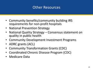Other Resources


• Community benefits/community building IRS
  requirements for non-profit hospitals
• National Prevention Strategy
• National Quality Strategy – Consensus statement on
  quality in public health
• Community Development Investment Programs
• ADRC grants (ACL)
• Community Transformation Grants (CDC)
• Coordinated Chronic Disease Program (CDC)
• Medicare Data

                                                       25
 