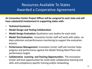 Resources Available To States
           Awarded a Cooperative Agreement
An Innovation Center Project Officer will be assigned to each state and will
have substantial involvement in supporting states with:
•   Technical Assistance
•   Model Design and Testing Collaboration
•   Model Design Evaluation: Qualitative case studies for each state
•   Model Test Evaluation: Innovation Center staff will work with states on
    data collection and performance monitoring to support the evaluation
    process
•   Performance Management: Innovation Center staff will monitor State
    progress and performance against the Model Testing Work Plans and
    performance targets
•   Collaborative Learning and Training Opportunities: The Innovation
    Center will host opportunities for multi-state collaborative learning and
    skills and competency specific training and/or networking
                                                                                26
 