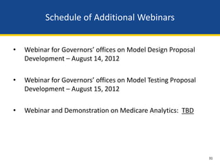 Schedule of Additional Webinars


•   Webinar for Governors’ offices on Model Design Proposal
    Development – August 14, 2012

•   Webinar for Governors’ offices on Model Testing Proposal
    Development – August 15, 2012

•   Webinar and Demonstration on Medicare Analytics: TBD




                                                               31
 