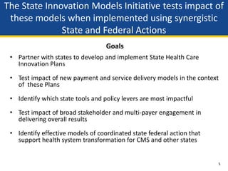 The State Innovation Models Initiative tests impact of
 these models when implemented using synergistic
              State and Federal Actions
                                   Goals
 • Partner with states to develop and implement State Health Care
   Innovation Plans

 • Test impact of new payment and service delivery models in the context
   of these Plans

 • Identify which state tools and policy levers are most impactful

 • Test impact of broad stakeholder and multi-payer engagement in
   delivering overall results

 • Identify effective models of coordinated state federal action that
   support health system transformation for CMS and other states


                                                                        5
 