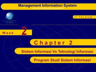 Management Information System
Industrial Engineering Department
W e e k
I T T E L K O M
2
Sistem Informasi Vs Teknologi Informasi
C h a p t e r 2
Program Studi Sistem Informasi
 