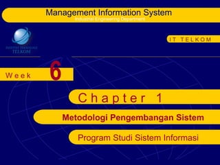 Management Information System
             Industrial Engineering Department



                                                 IT TELKOM




Week   6
              Chapter 1
           Metodologi Pengembangan Sistem

              Program Studi Sistem Informasi
 