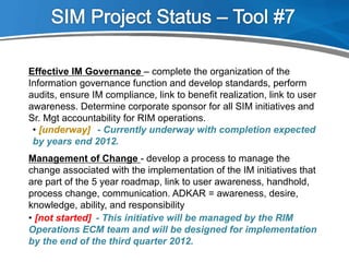 Management of Change - develop a process to manage the
change associated with the implementation of the IM initiatives that
are part of the 5 year roadmap, link to user awareness, handhold,
process change, communication. ADKAR = awareness, desire,
knowledge, ability, and responsibility
- This initiative will be managed by the RIM
Operations ECM team and will be designed for implementation
by the end of the third quarter 2012.
• [not started]
Effective IM Governance – complete the organization of the
Information governance function and develop standards, perform
audits, ensure IM compliance, link to benefit realization, link to user
awareness. Determine corporate sponsor for all SIM initiatives and
Sr. Mgt accountability for RIM operations.
- Currently underway with completion expected
by years end 2012.
• [underway]
 