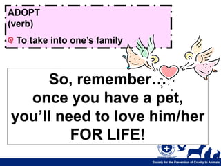 ADOPT
(verb)
 To take into one’s family



     So, remember…
  once you have a pet,
you’ll need to love him/her
         FOR LIFE!
 