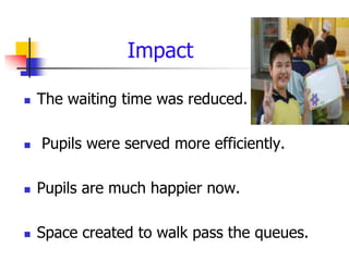 Impact

   The waiting time was reduced.

   Pupils were served more efficiently.

   Pupils are much happier now.

   Space created to walk pass the queues.
 