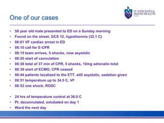 One of our cases 
• 58 year old male presented to ED on a Sunday morning 
• Found on the street, GCS 12, hypothermia (32.1 C) 
• 08:01 VF cardiac arrest in ED 
• 08:10 call for E-CPR 
• 08:15 team arrives, 5 shocks, now asystolic 
• 08:20 start of cannulation 
• 08:38 total of 37 min of CPR, 5 shocks, 10mg adrenalin total 
• 08:39 start of ECMO, CPR ceased 
• 08:44 patients localized to the ETT, still asystolic, sedation given 
• 08:51 temperature up to 34.5 C, VF 
• 08:52 one shock, ROSC 
• 24 hrs of temperature control at 36.0 C 
• Pt. decannulated, extubated on day 1 
• Ward the next day 
 