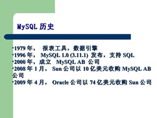 MySQL ʷ 1979 ꣬ ߣ 1996 ꣬ MySQL 1.0 (3.11.1)  ֧ SQL 2000 ꣬  MySQL AB  ˾ 2008  1 £ Sun ˾ 10 Ԫչ MySQL AB ˾ 2009  4 £ Oracle ˾ 74 Ԫչ Sun ˾ 