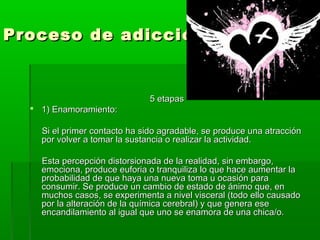 Proceso de adicciónProceso de adicción
5 etapas5 etapas
 1) Enamoramiento:1) Enamoramiento:
Si el primer contacto ha sido agradable, se produce una atracciónSi el primer contacto ha sido agradable, se produce una atracción
por volver a tomar la sustancia o realizar la actividad.por volver a tomar la sustancia o realizar la actividad.
Esta percepción distorsionada de la realidad, sin embargo,Esta percepción distorsionada de la realidad, sin embargo,
emociona, produce euforia o tranquiliza lo que hace aumentar laemociona, produce euforia o tranquiliza lo que hace aumentar la
probabilidad de que haya una nueva toma u ocasión paraprobabilidad de que haya una nueva toma u ocasión para
consumir. Se produce un cambio de estado de ánimo que, enconsumir. Se produce un cambio de estado de ánimo que, en
muchos casos, se experimenta a nivel visceral (todo ello causadomuchos casos, se experimenta a nivel visceral (todo ello causado
por la alteración de la química cerebral) y que genera esepor la alteración de la química cerebral) y que genera ese
encandilamiento al igual que uno se enamora de una chica/o.encandilamiento al igual que uno se enamora de una chica/o.
 