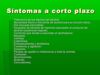 Síntomas a corto plazoSíntomas a corto plazo
Tolerancia de los efectos del alcohol.Tolerancia de los efectos del alcohol.
Necesidad diaria o frecuente de alcohol para su función diaria.Necesidad diaria o frecuente de alcohol para su función diaria.
Dar excusas para beber.Dar excusas para beber.
Episodios de pérdida de memoria asociados al consumo deEpisodios de pérdida de memoria asociados al consumo de
alcohol (ausencias negras).alcohol (ausencias negras).
Conducta que tiende a esconder el alcoholismo.Conducta que tiende a esconder el alcoholismo.
Náuseas.Náuseas.
Vómitos.Vómitos.
Calambres.Calambres.
Entorpecimiento y temblores.Entorpecimiento y temblores.
Cansancio y agitación.Cansancio y agitación.
Insomnio.Insomnio.
Perdida de apetito e intolerancia a toda la comida.Perdida de apetito e intolerancia a toda la comida.
Confusión.Confusión.
Alucinaciones.Alucinaciones.
Sudores.Sudores.
Convulsiones.Convulsiones.
 
