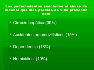 Los padecimientos asociados al abuso de
alcohol que más pérdida de vida provocan
son:
 Cirrosis hepática (39%)
 Accidentes automovilísticos (15%)
 Dependencia (18%)
 Homicidios (10%).
 