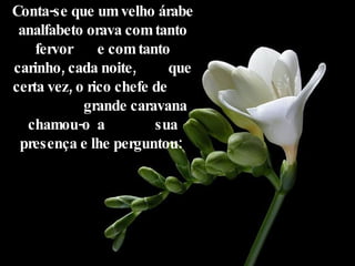 Conta-se que um velho árabe analfabeto orava com tanto fervor  e com tanto carinho, cada noite,  que certa vez, o rico chefe de  grande caravana chamou-o  a  sua presença e lhe perguntou:  