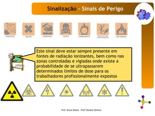 Este sinal deve estar sempre presente em fontes de radiação ionizantes, bem como nas zonas controladas e vigiadas onde existe a probabilidade de se ultrapassarem determinados limites de dose para os trabalhadores profissionalmente expostos  Sinalização  – Sinais de Perigo Prof. Bruno Bastos – Profª Daniela Oliveira 