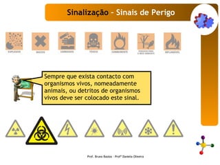 Sempre que exista contacto com organismos vivos, nomeadamente animais, ou detritos de organismos vivos deve ser colocado este sinal. Sinalização  – Sinais de Perigo Prof. Bruno Bastos – Profª Daniela Oliveira 