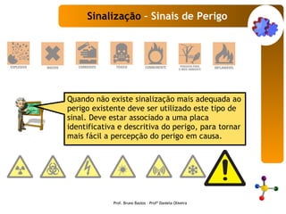 Quando não existe sinalização mais adequada ao perigo existente deve ser utilizado este tipo de sinal. Deve estar associado a uma placa identificativa e descritiva do perigo, para tornar mais fácil a percepção do perigo em causa. Sinalização  – Sinais de Perigo Prof. Bruno Bastos – Profª Daniela Oliveira 