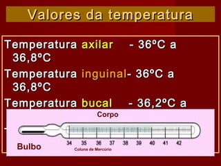 Valores da temperaturaValores da temperatura
TemperaturaTemperatura axilaraxilar - 36ºC a- 36ºC a
36,8ºC36,8ºC
TemperaturaTemperatura inguinalinguinal- 36ºC a- 36ºC a
36,8ºC36,8ºC
TemperaturaTemperatura bucalbucal - 36,2ºC a- 36,2ºC a
37ºC37ºC
TemperaturaTemperatura retalretal - 36,4ºC a- 36,4ºC a
37,2ºC37,2ºC
Corpo
Coluna de MercúrioBulbo
 