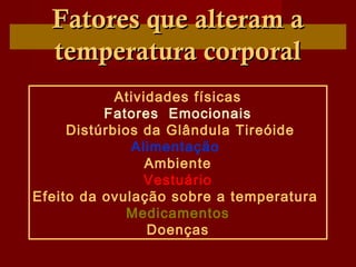 Fatores que alteram aFatores que alteram a
temperatura corporaltemperatura corporal
Atividades físicas
Fatores Emocionais
Distúrbios da Glândula Tireóide
Alimentação
Ambiente
Vestuário
Efeito da ovulação sobre a temperatura
Medicamentos
Doenças
 