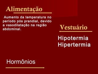 Aumento da temperatura no
período pós prandial, devido
a vasodilatação na região
abdominal.
Alimentação
Vestuário
Hipotermia
Hipertermia
Hormônios
 