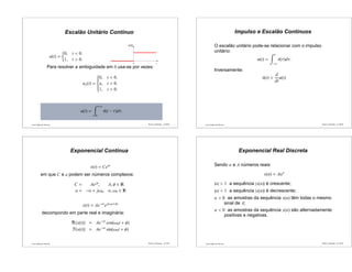Luís Caldas de Oliveira
Escalão Unitário Contínuo
u(t) =
0, t < 0.
1, t > 0.
u(t)
...
0 t
...
Para resolver a ambiguidade em 0 usa-se por vezes:
ua(t) =



0, t < 0.
a, t = 0.
1, t > 0.
u(t) =
+∞
0
δ(t − τ)dτ.
Sinais e Sistemas – p.29/50 Luís Caldas de Oliveira
Impulso e Escalão Contínuos
O escalão unitário pode-se relacionar com o impulso
unitário:
u(t) =
t
−∞
δ(τ)dτ.
Inversamente:
δ(t) =
d
dt
u(t)
Sinais e Sistemas – p.30/50
Luís Caldas de Oliveira
Exponencial Contínua
x(t) = Ceat
em que C e a podem ser números complexos:
C = Aejφ
, A, φ ∈
a = −α + jω0, α, ω0 ∈
x(t) = Ae−αt
ej(ω0t+φ)
decompondo em parte real e imaginária:
ℜ{x(t)} = Ae−αt
cos(ω0t + φ)
ℑ{x(t)} = Ae−αt
sin(ω0t + φ)
Sinais e Sistemas – p.31/50 Luís Caldas de Oliveira
Exponencial Real Discreta
Sendo α e A números reais:
x(n) = Aαn
|α| > 1 a sequência |x(n)| é crescente;
|α| < 1 a sequência |x(n)| é decrescente;
α > 0 as amostras da sequência x(n) têm todas o mesmo
sinal de A;
α < 0 as amostras da sequência x(n) são alternadamente
positivas e negativas.
Sinais e Sistemas – p.32/50
 