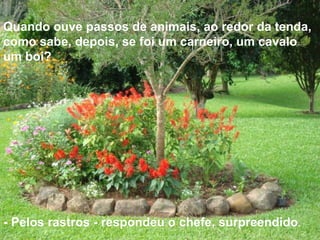 Quando ouve passos de animais, ao redor da tenda, como sabe, depois, se foi um carneiro, um cavalo um boi?  - Pelos rastros - respondeu o chefe, surpreendido . 