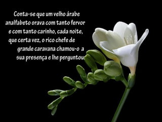Conta-sequeumvelhoárabe
analfabetooravacomtantofervor
ecomtantocarinho,cadanoite,
quecertavez,oricochefede
grandecaravanachamou-o a
suapresençaelheperguntou:
 