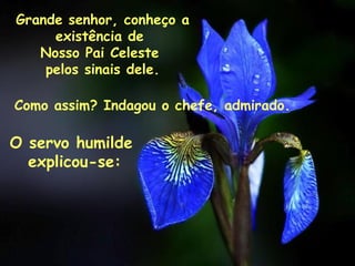 Grande senhor, conheço a existência de  Nosso Pai Celeste  pelos sinais dele. Como assim? Indagou o chefe, admirado. O servo humilde  explicou-se: 