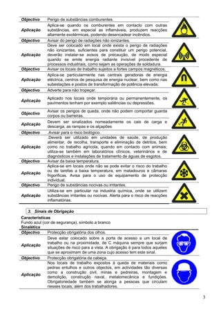 Objectivo Perigo de substâncias comburentes.
Aplicação
Aplica-se quando os comburentes em contacto com outras
substâncias, em especial as inflamáveis, produzem reacções
altamente exotérmicas, podendo desencadear incêndios.
Objectivo Avisar do perigo de radiações não ionizantes.
Aplicação
Deve ser colocado em local onde exista o perigo de radiações
não ionizantes, suficientes para constituir um perigo potencial,
deverão instalar-se avisos de precaução, de modo especial
quando se emite energia radiante invisível procedente de
processos industriais, como sejam as operações de soldadura.
Objectivo Avisar os locais de trabalho sujeitos a fortes campos magnéticos.
Aplicação
Aplica-se particularmente nas centrais geradoras de energia
eléctrica, centros de pesquisa de energia nuclear, bem como nas
subestações e postos de transformação de potência elevada.
Objectivo Adverte para não tropeçar.
Aplicação
Aplicado nos locais onde temporária ou permanentemente, os
pavimentos tenham por exemplo saliências ou depressões.
Objectivo
Avisar os perigos de queda, onde não podem comportar guarda
corpos ou barreiras.
Aplicação
Devem ser sinalizados nomeadamente os cais de carga e
descarga, as rampas e os alçapões
Objectivo .Avisar para o risco biológico.
Aplicação
.Deverá ser utilizado em unidades de saúde, de produção
alimentar, de recolha, transporte e eliminação de detritos, bem
como no trabalho agrícola, quando em contacto com animais;
utiliza-se também em laboratórios clínicos, veterinários e de
diagnósticos e instalações de tratamento de águas de esgotos.
Objectivo Avisar da baixa temperatura.
Aplicação
Aplica-se em locais onde não se pode evitar o risco do trabalho
ou de tarefas a baixa temperatura, em matadouros e câmaras
frigorificas. Avisa para o uso de equipamento de protecção
individual.
Objectivo Perigo de substâncias nocivas ou irritantes.
Aplicação
Utiliza-se em particular na industria química, onde se utilizem
substâncias irritantes ou nocivas. Alerta para o risco de reacções
inflamatórias.
3. Sinais de Obrigação
Características
Fundo azul (cor de segurança), símbolo a branco
Sinalética
Objectivo Protecção obrigatória dos olhos.
Aplicação
Deve estar colocado sobre a porta de acesso a um local de
trabalho ou na proximidade, de C máquina sempre que surjam
situações de risco para a vista. A obrigação é para todos aqueles
que se aproximam de uma zona cujo acesso tem este sinal.
Objectivo Protecção obrigatória da cabeça.
Aplicação
Nos locais de trabalho expostos à queda de materiais como
pedras entulhos e outros objectos, em actividades tão diversas
como a construção civil, minas e pedreiras, montagem e
demolição, construção naval, metalomecânica e fundições.
Obrigatoriedade também se alonga a pessoas que circulam
nesses locais, além dos trabalhadores.
3
 