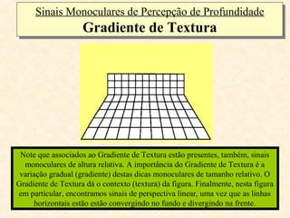 Sinais Monoculares de Percepção de Profundidade
     Sinais Monoculares de Percepção de Profundidade
                    Gradiente de Textura
                    Gradiente de Textura




 Note que associados ao Gradiente de Textura estão presentes, também, sinais
  monoculares de altura relativa. A importância do Gradiente de Textura é a
 variação gradual (gradiente) destas dicas monoculares de tamanho relativo. O
Gradiente de Textura dá o contexto (textura) da figura. Finalmente, nesta figura
em particular, encontramos sinais de perspectiva linear, uma vez que as linhas
      horizontais estão estão convergindo no fundo e divergindo na frente.
 