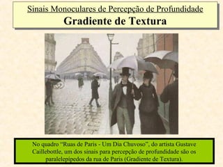 Sinais Monoculares de Percepção de Profundidade
Sinais Monoculares de Percepção de Profundidade
             Gradiente de Textura
             Gradiente de Textura




 No quadro “Ruas de Paris - Um Dia Chuvoso”, do artista Gustave
 Caillebottle, um dos sinais para percepção de profundidade são os
      paralelepípedos da rua de Paris (Gradiente de Textura).
 