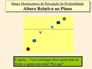 Sinais Monoculares de Percepção de Profundidade
Sinais Monoculares de Percepção de Profundidade
       Altura Relativa no Plano
       Altura Relativa no Plano




  E agora... Você consegue dizer quem está na
  Você consegue dizer olhando para as figuras
  frente quem está atrás? Por que?
  acima,equem está na frente e quem está atrás?
 