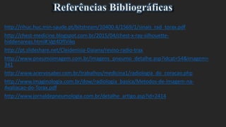 http://rihuc.huc.min-saude.pt/bitstream/10400.4/1569/1/sinais_rad_torax.pdf
http://chest-medicine.blogspot.com.br/2015/04/chest-x-ray-silhouette-
hiddenareas.html#.Vgt4DflViko
http://pt.slideshare.net/Cleidenisia-Daiana/reviso-radio-trax
http://www.pneumoimagem.com.br/imagens_pneumo_detalhe.asp?idcat=54&imagem=
341
http://www.acervosaber.com.br/trabalhos/medicina1/radiologia_do_coracao.php
http://www.imaginologia.com.br/dow/radiologia_basica/Metodos-de-Imagem-na-
Avaliacao-do-Torax.pdf
http://www.jornaldepneumologia.com.br/detalhe_artigo.asp?id=2414
 